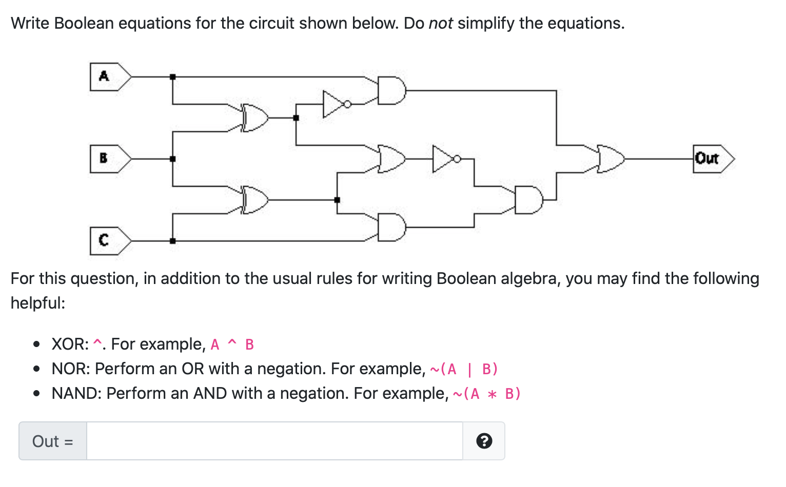 Write Boolean equations for the circuit shown below. Do not simplify