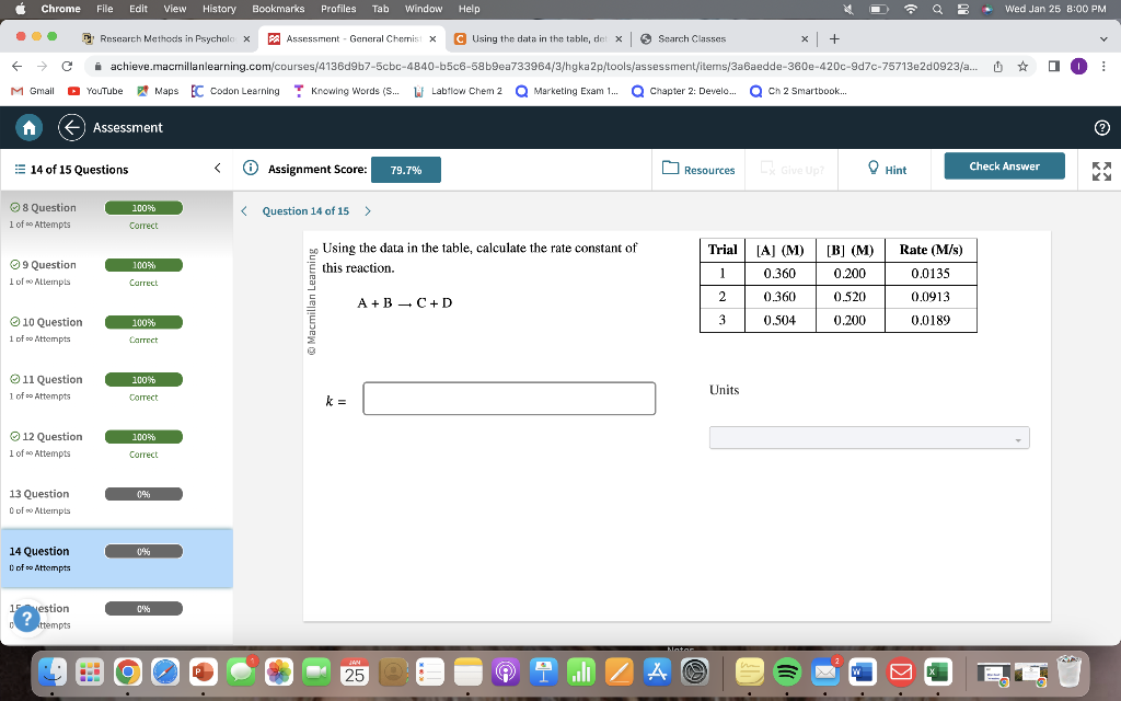  Using the data in the table, calculate the rate constant of