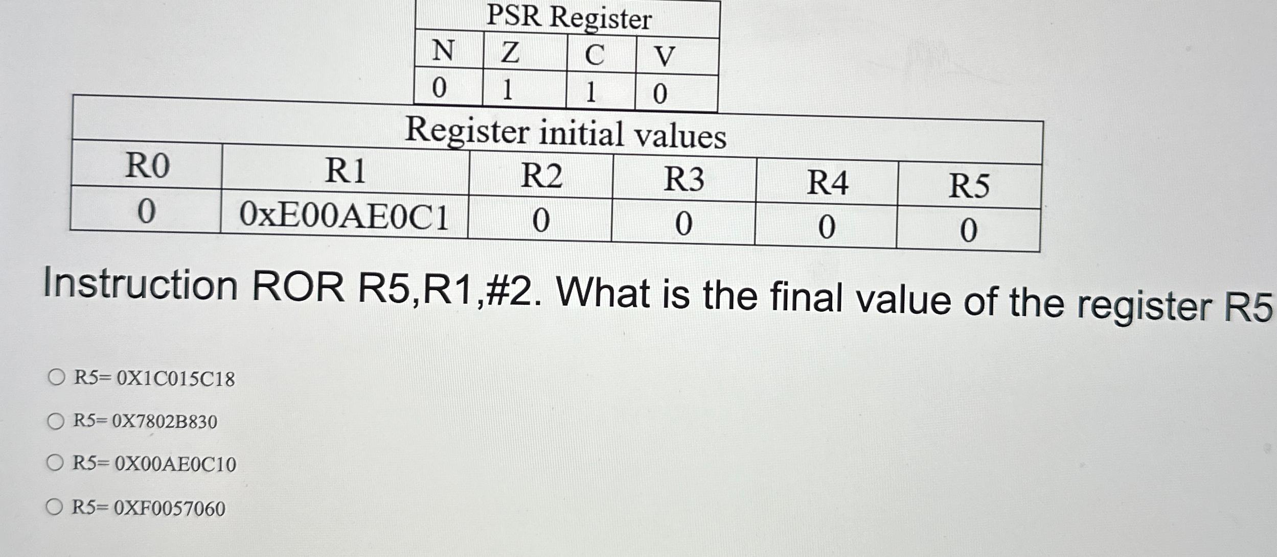  Instruction ROR R5,R1,#2. What is the final value of the register
