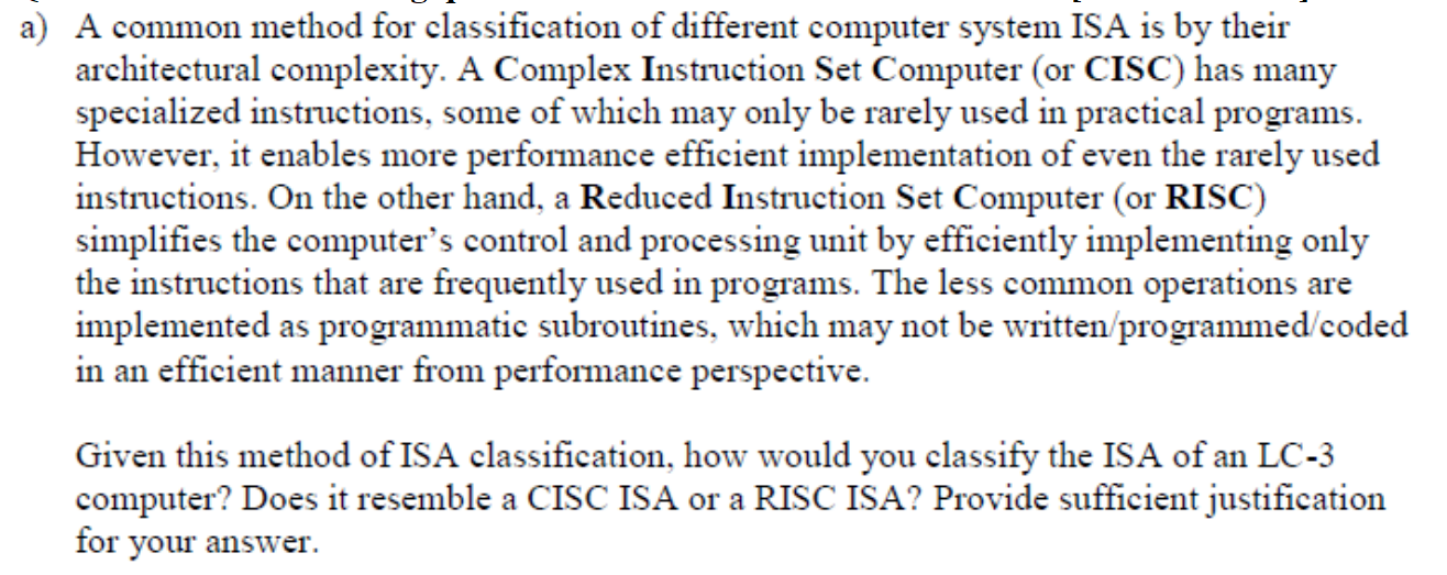  a) A common method for classification of different computer system ISA