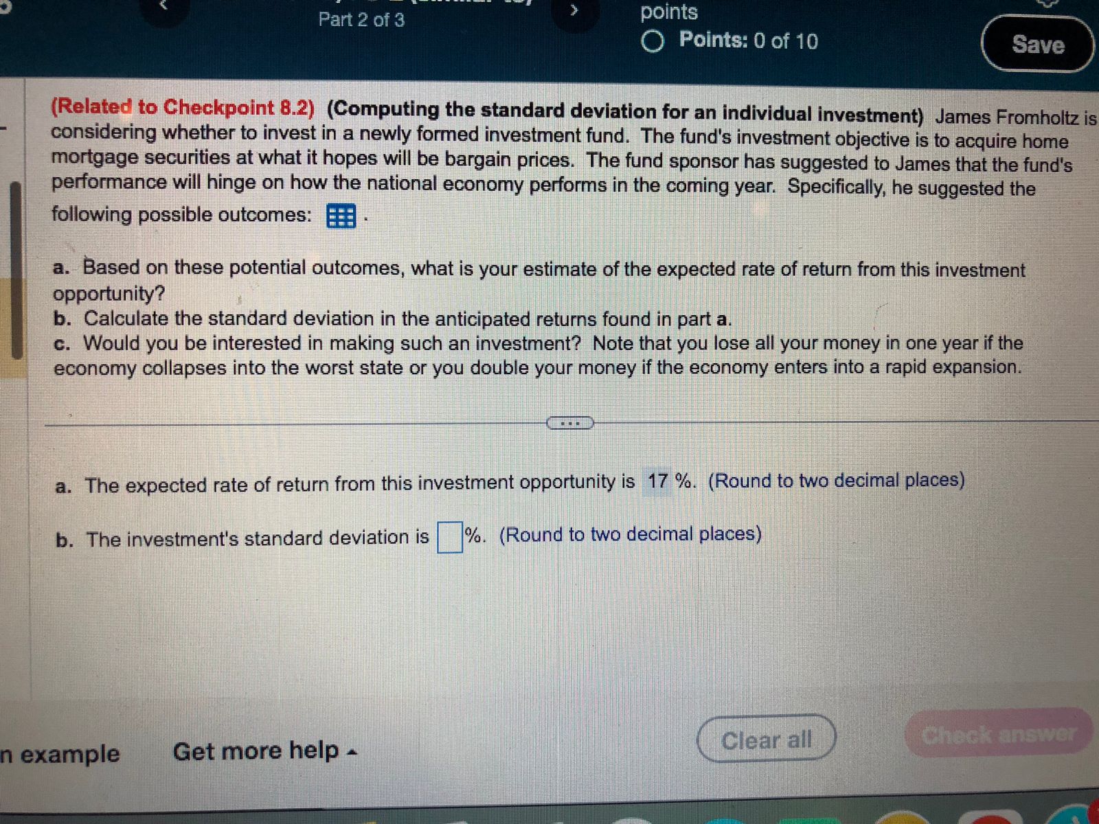 the standard deviation for an individual investment) James Fromholtz is considering whether