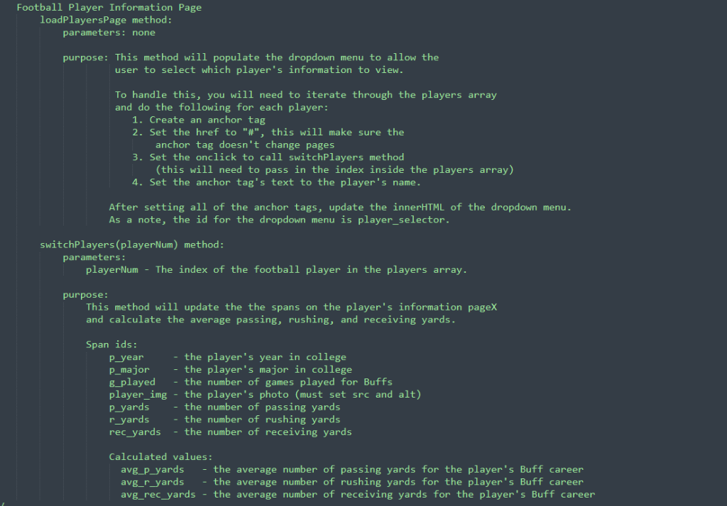  implement this function using javascript Football Player Information Page loadPlayersPage method:
