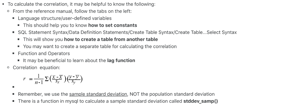 Correlation in SQL So for this assignment I am asked to find: