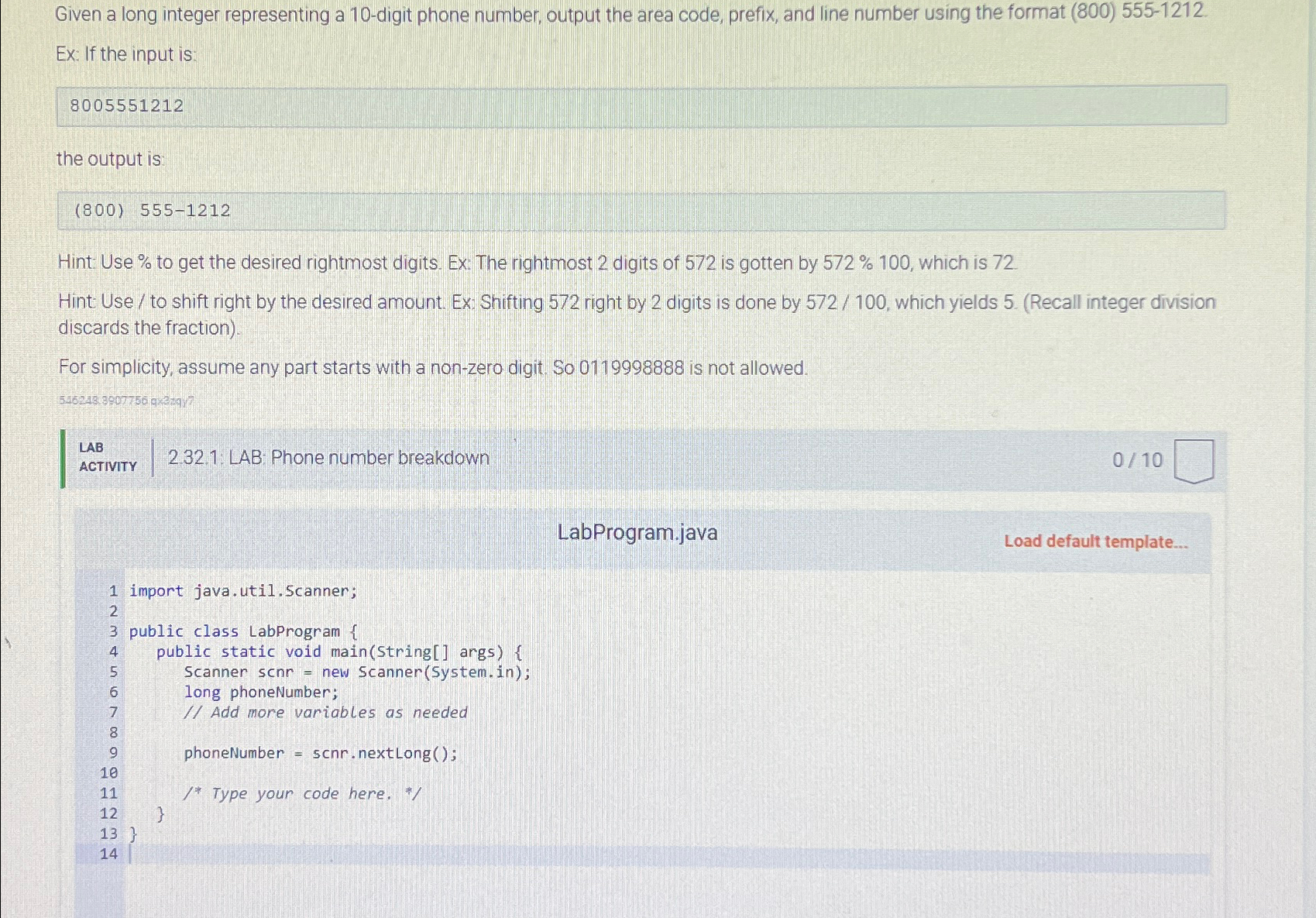  Given a long integer representing a 10-digit phone number, output the