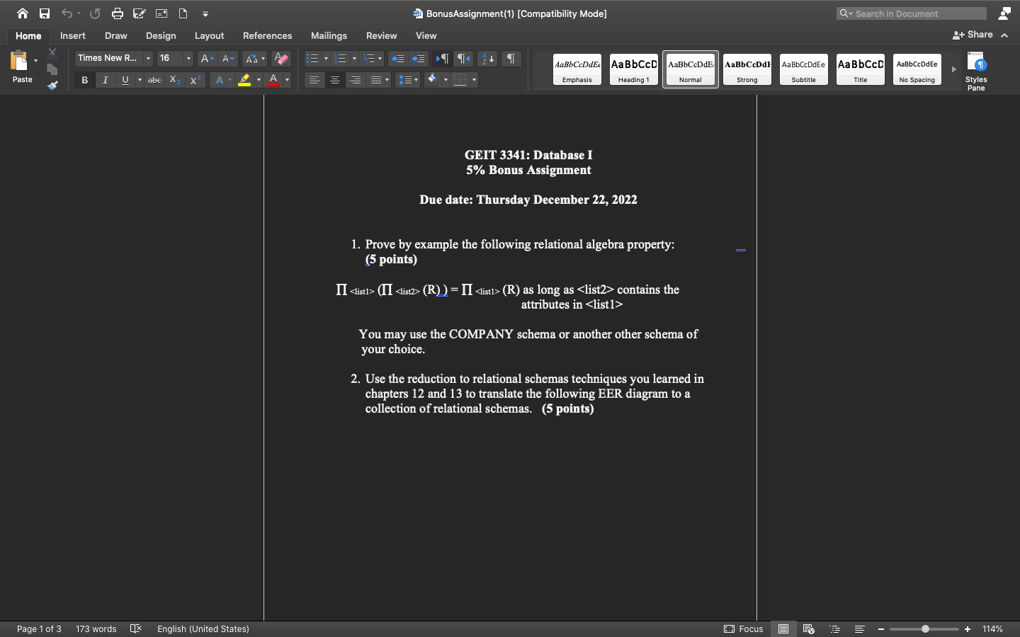 GEIT 3341: Database I 5% Bonus Assignment Due date: Thursday December