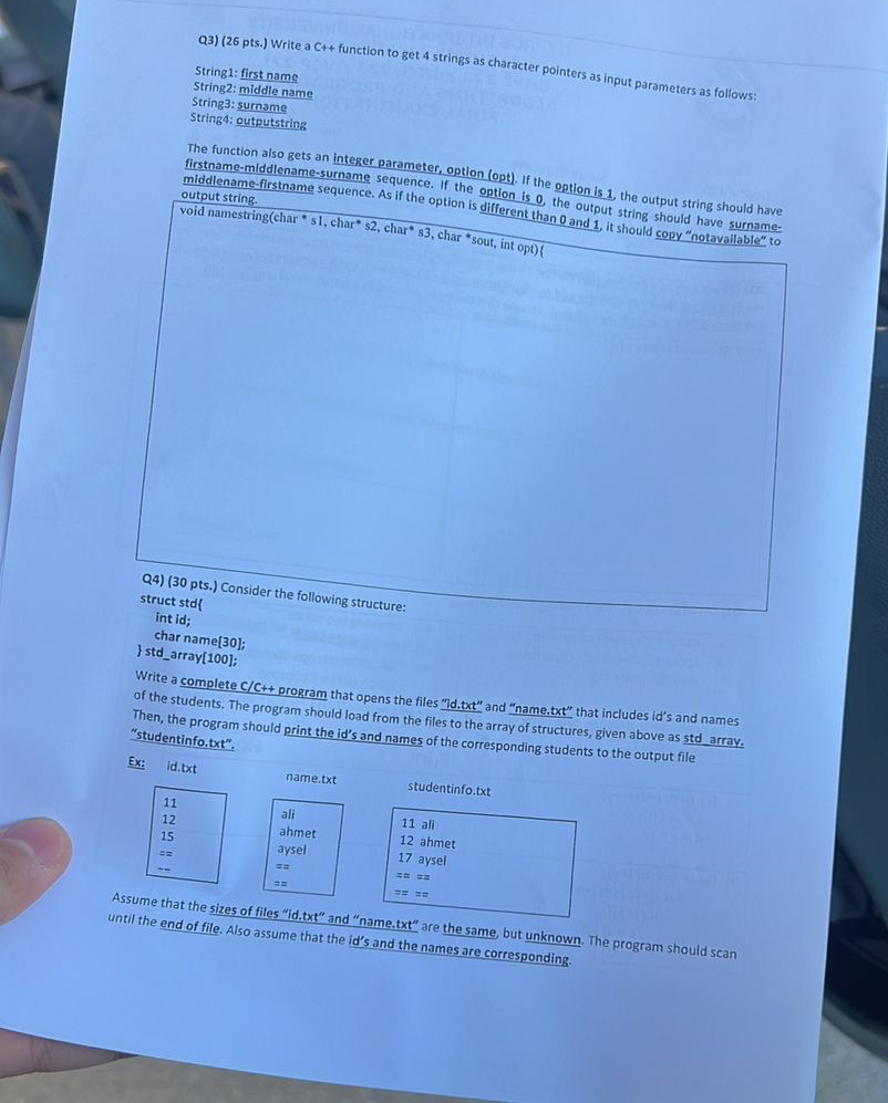  Q3)(26 pts.) Write a C++ function to get 4 strings as