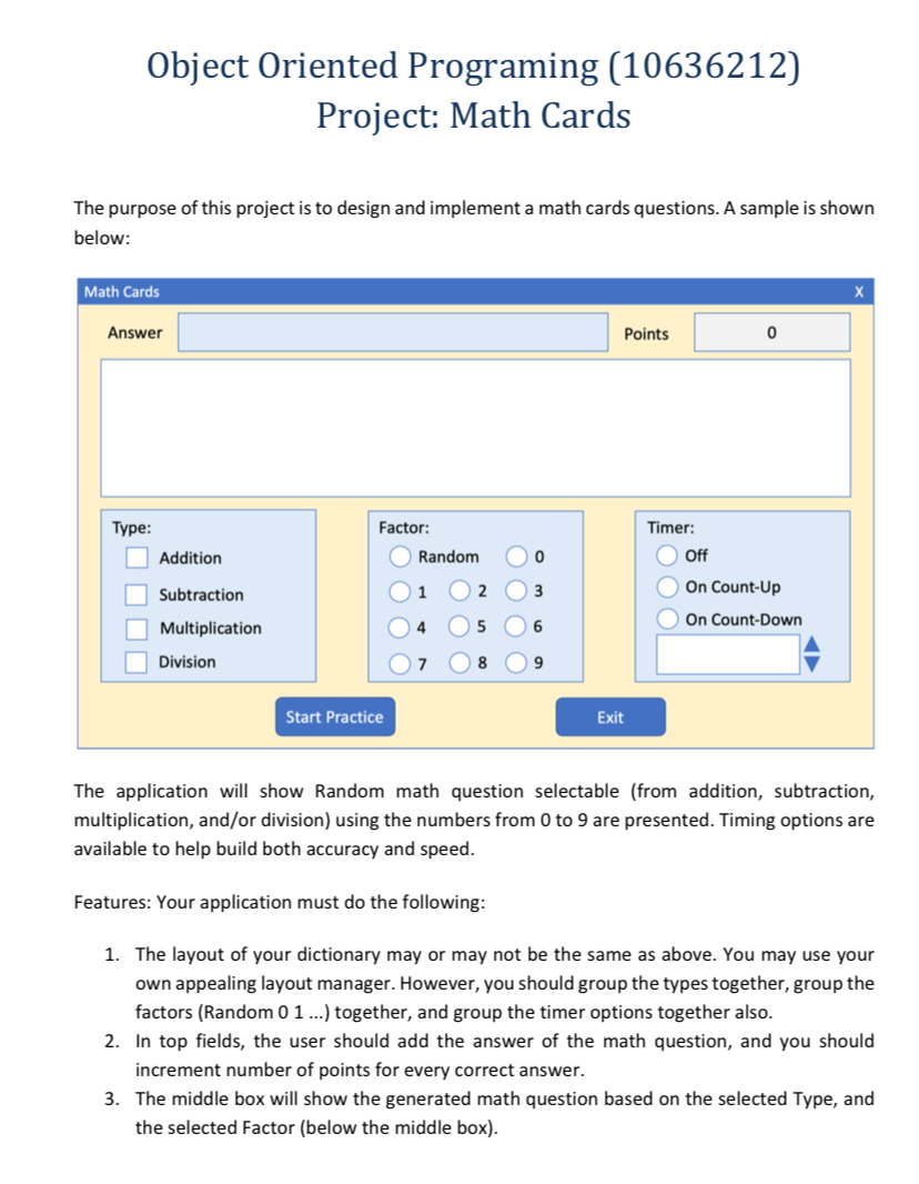  Object Oriented Programing (10636212) Project: Math Cards The purpose of this