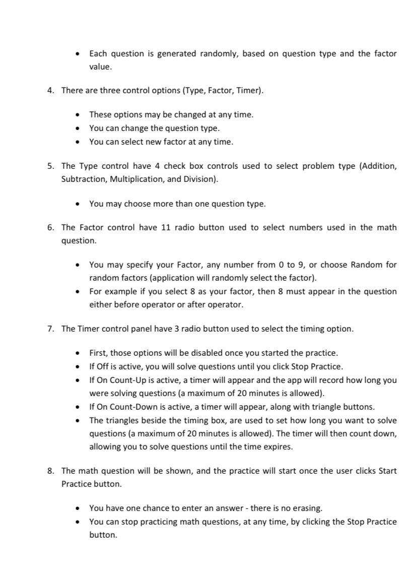 project is to design and implement a math cards questions. A sample