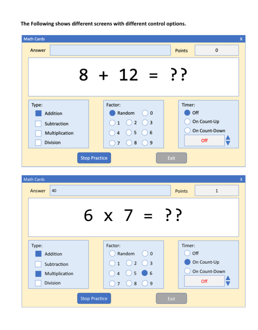 is shown below: The application will show Random math question selectable (from