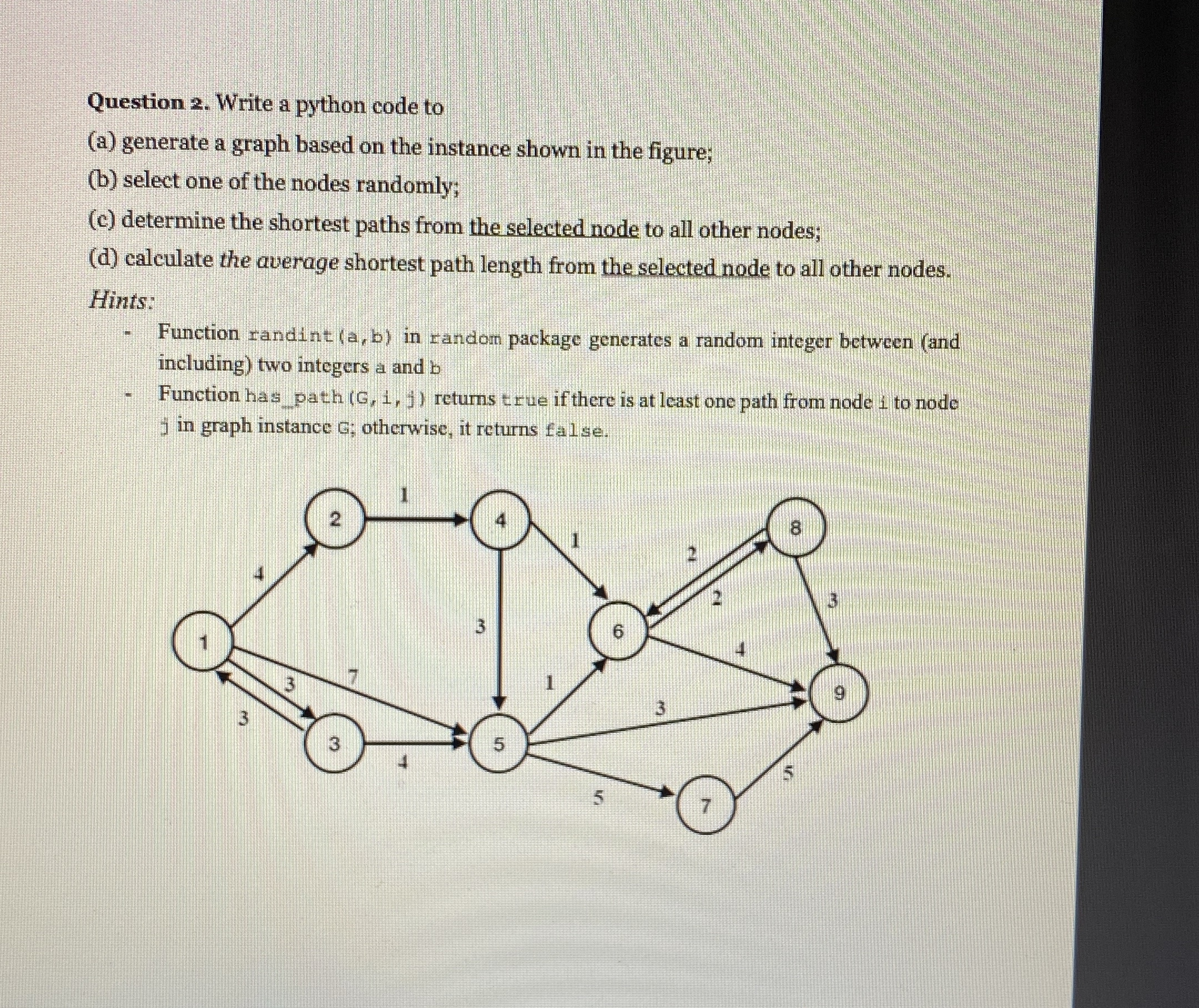  Question 2. Write a python code to (a) generate a graph