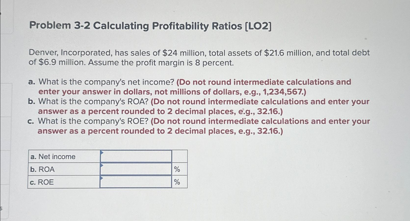  Problem 3-2 Calculating Profitability Ratios [LO2] Denver, Incorporated, has sales of