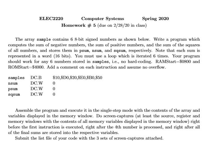 ELEC2220 Computer Systems Spring 2020 Homework # 5 (due on 2/28/20