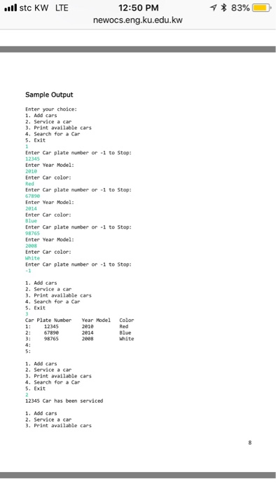 instance variables: private int plateNumber // the car plate number private int