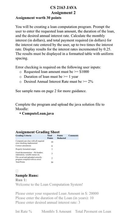 java detailed program CS 2163 JAVA Assignment 2 Assignment worth 30 points