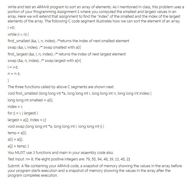 NEED CODE: Write and test an ARMv8 program to sort an array