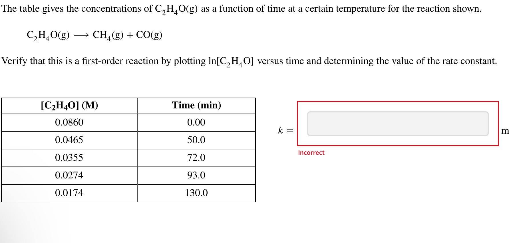  C2H4O(g)CH4(g)+CO(g) Verify that this is a first-order reaction by plotting ln[C2H4O]