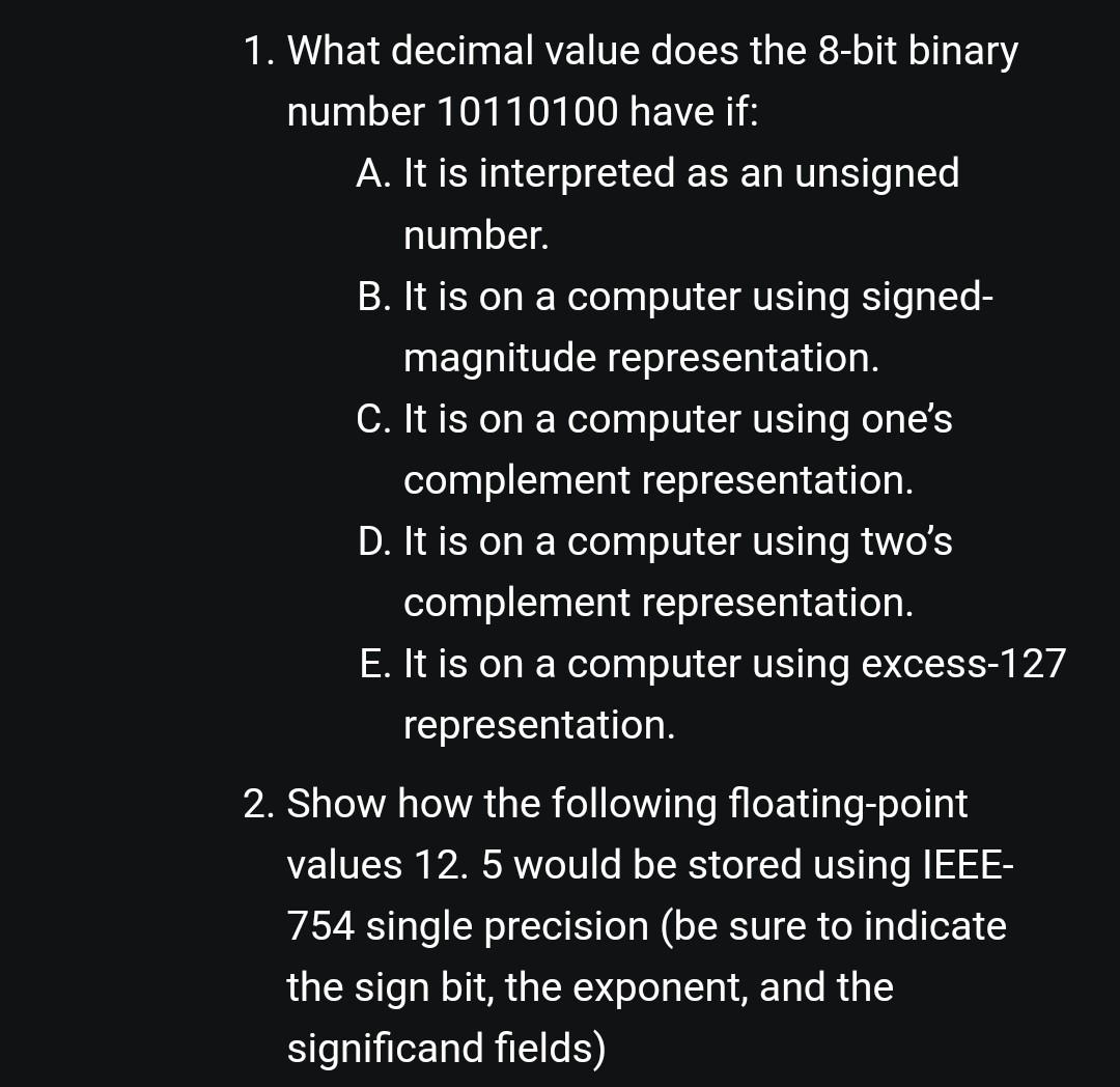  please answer these questions 1. What decimal value does the 8-bit