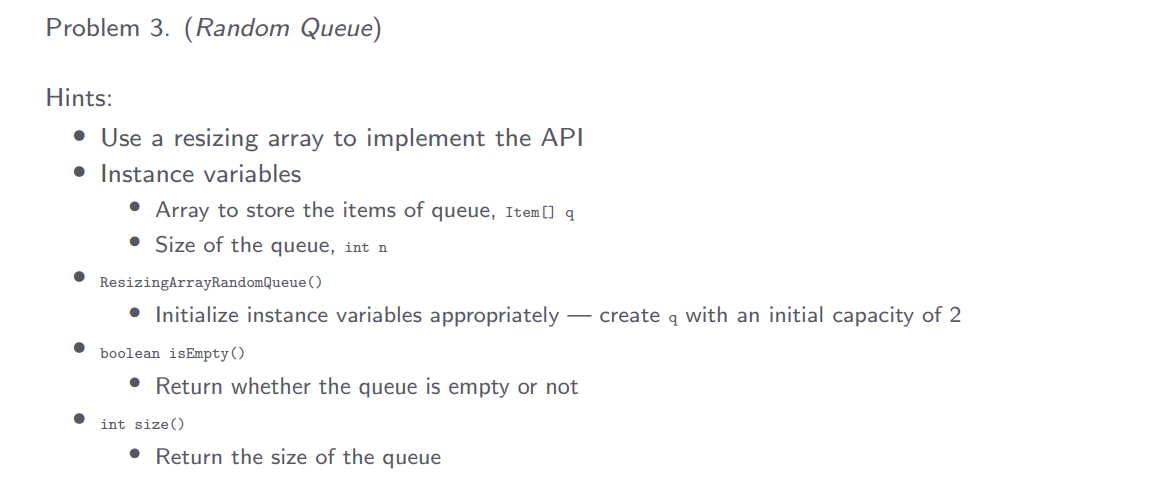 type to represent a random queue, implemented using a resizing array as