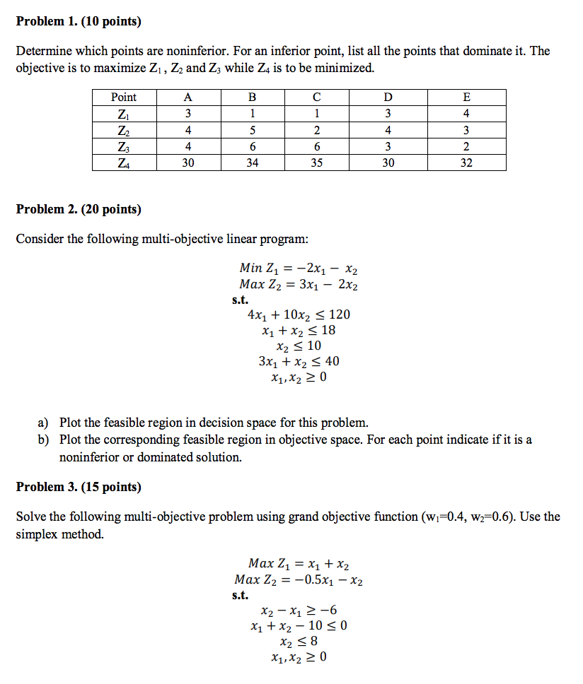 Problem 1. (10 points) Determine which points are noninferior. For an