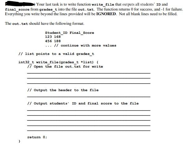 Your last task is to write function write_file that outputs all