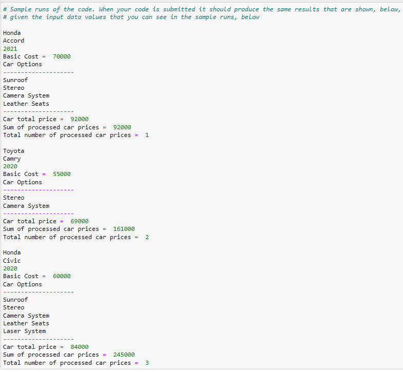 of processed car prices" Public Interface of the CarPricing Class - The