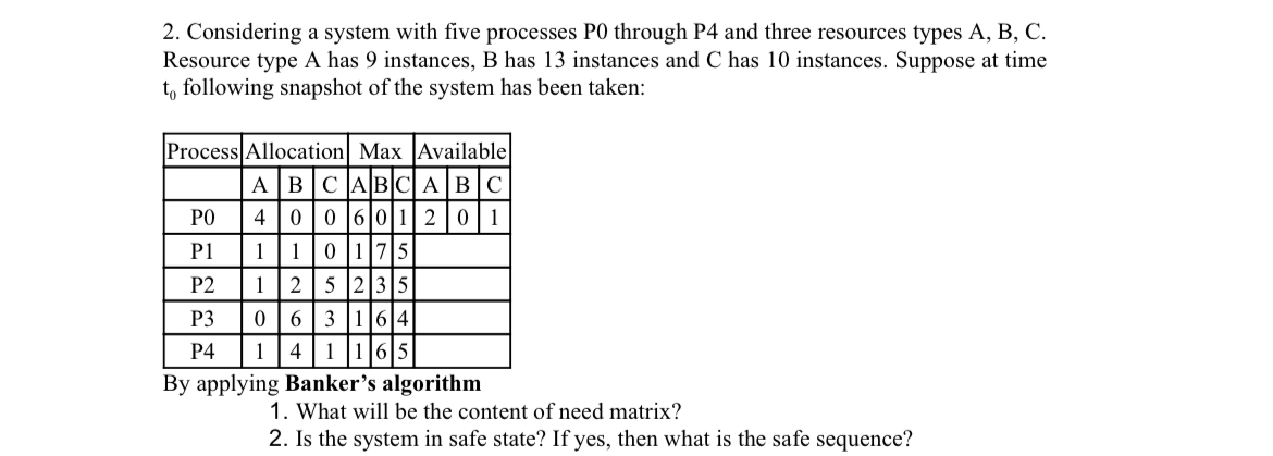  Considering a system with five processes P0 through P4 and three