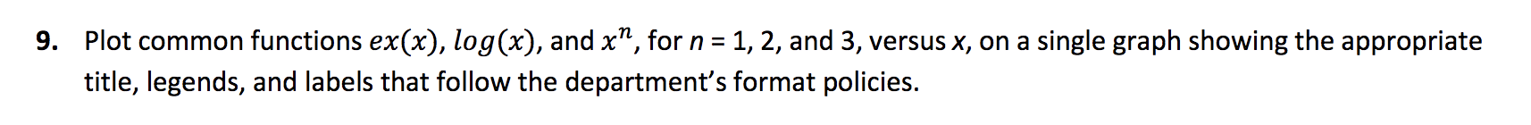 USING MATLAB 9. Plot common functions ex(x), log(x), and x, for n