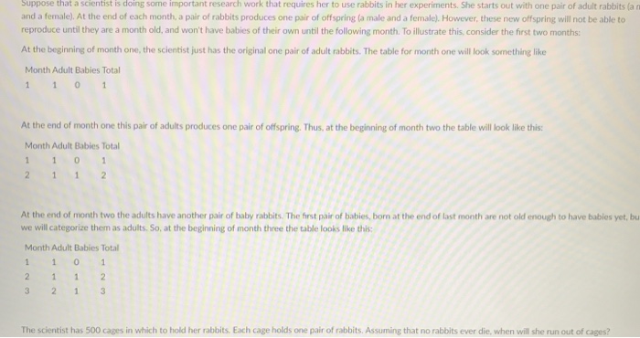 how many rabbits it would take to use up 500 cages. Table