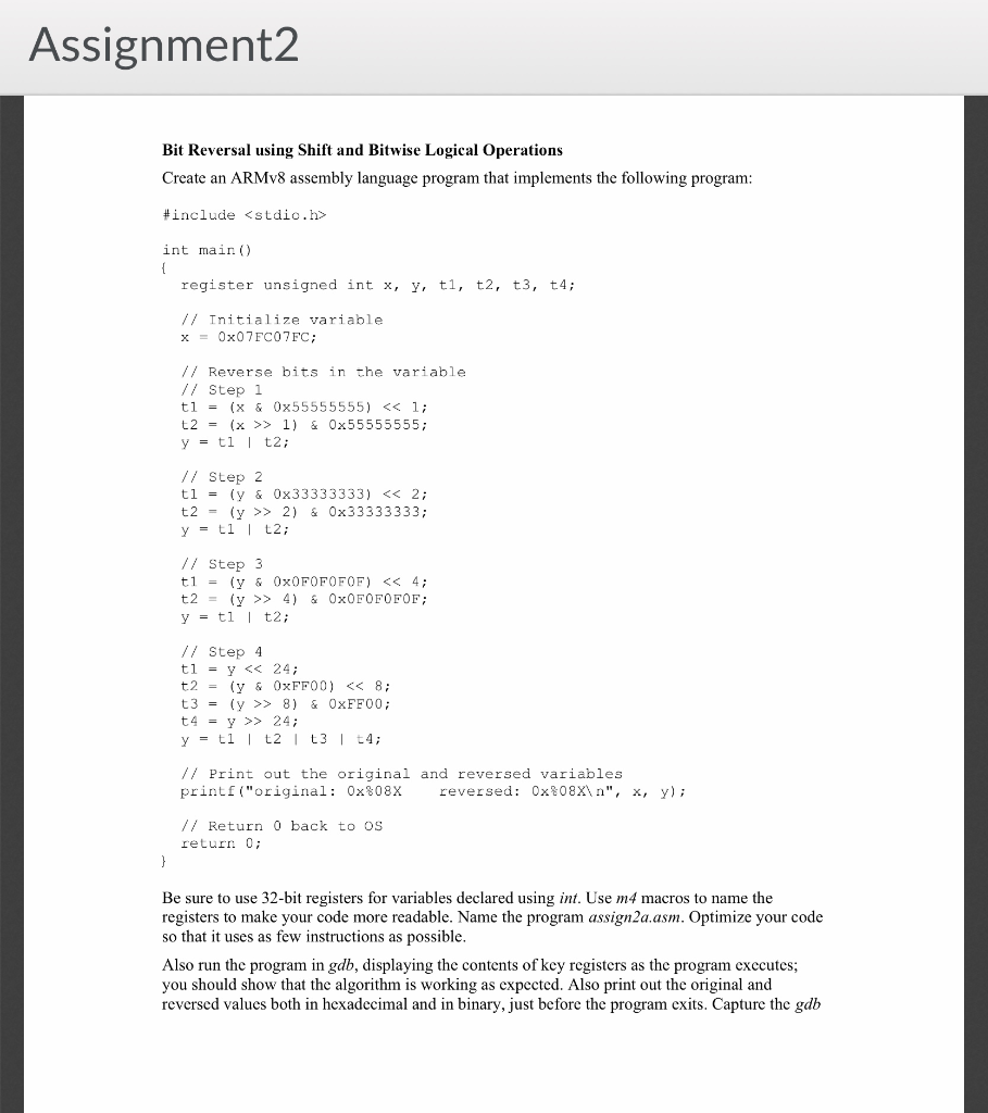  Assignment2 Bit Reversal using Shift and Bitwise Logical Operations Create an