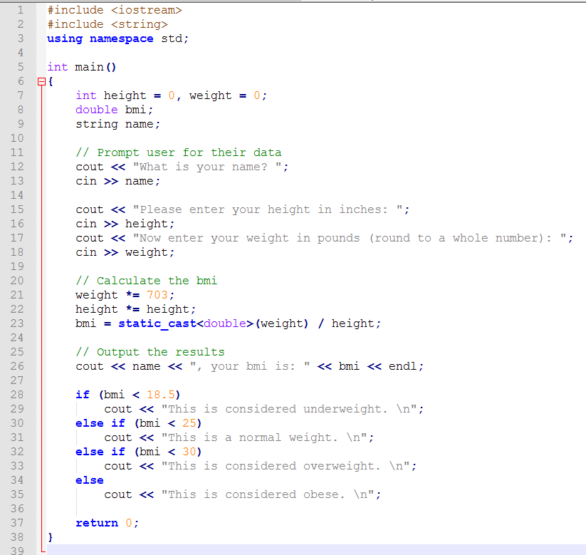  Write a MIPS program that calculates bmi. Use the following C++