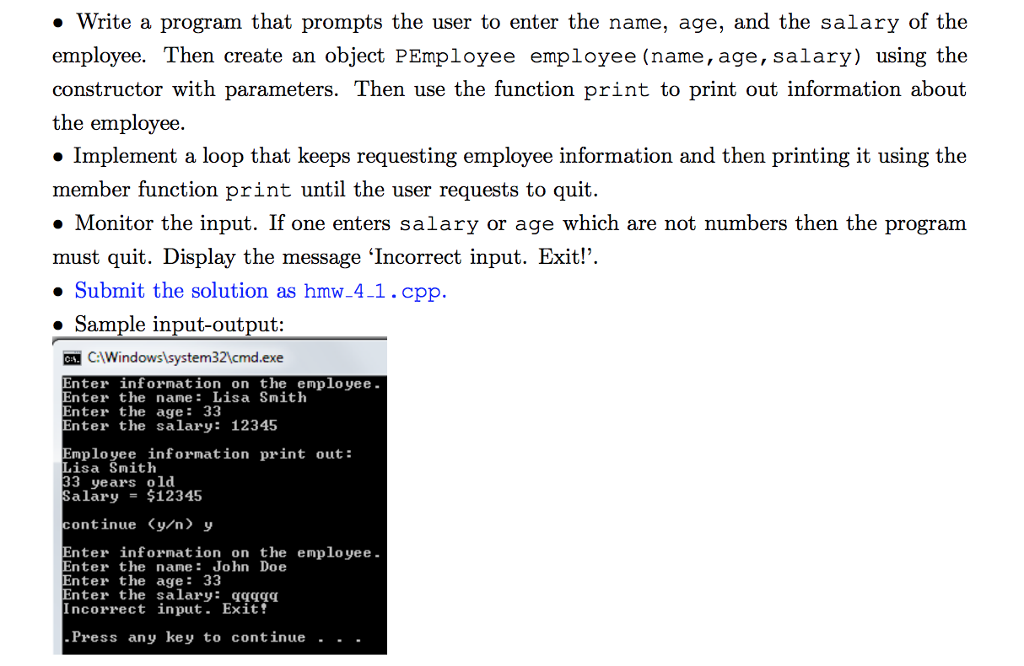 object of type Person as developed in Exercise P5.1. class PEmployee public: