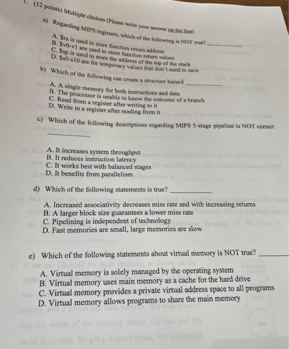need asap. please answer all questions 1. (12 points) Multiple choices (Please