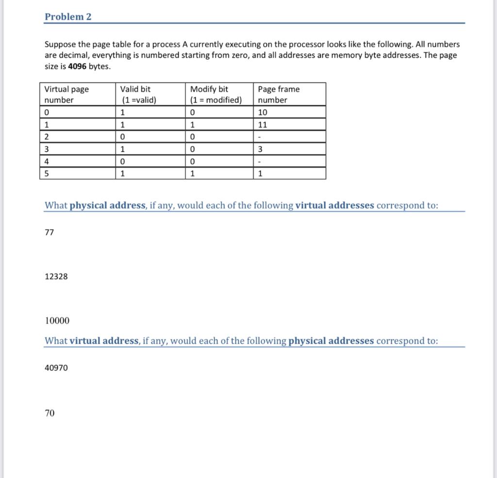 Problem 2 Suppose the page table for a process A currently