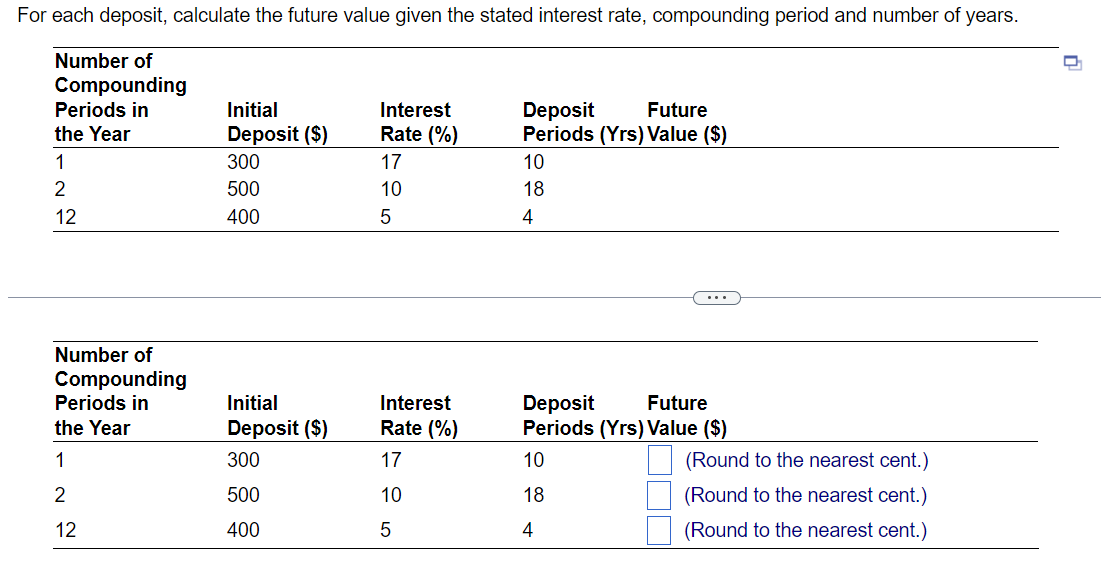 For each deposit, calculate the future value given the stated interest