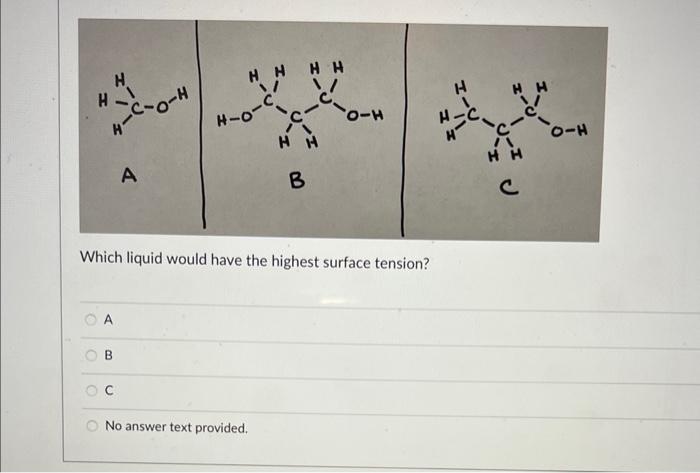  Which liquid would have the highest surface tension? A B C