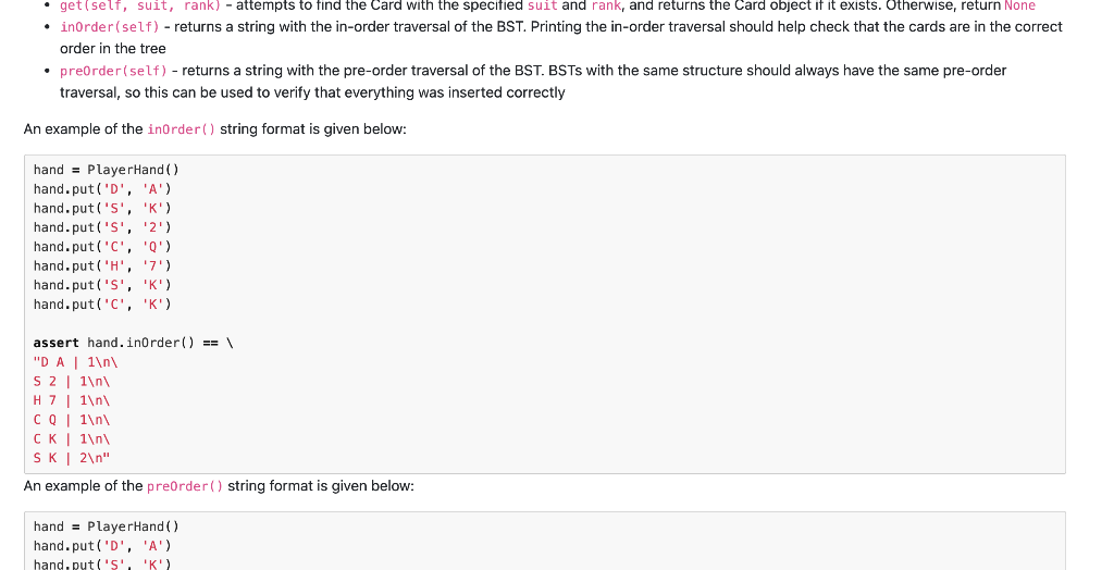 Player Hand (BST) class that is an ordered collection of a Player's