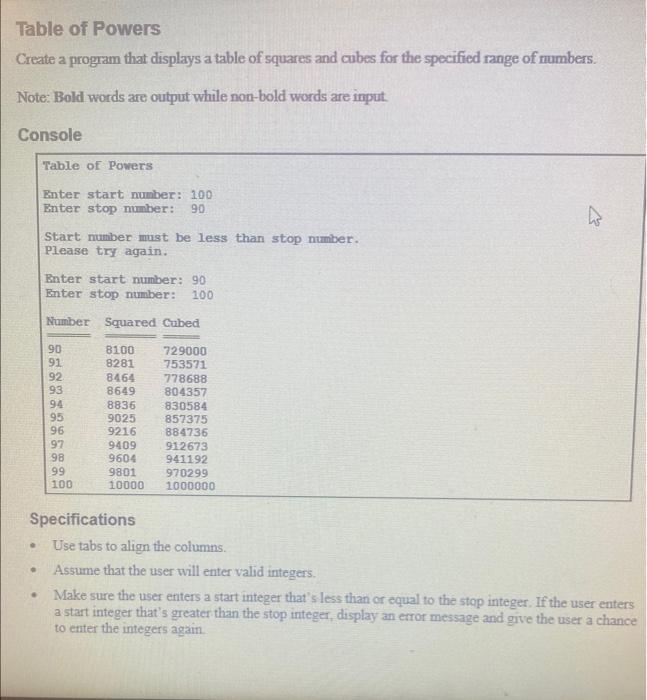 c++ please Table of Powers Create a program that displays a table