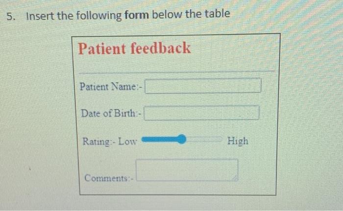 In html 5. Insert the following form below the table Patient feedback