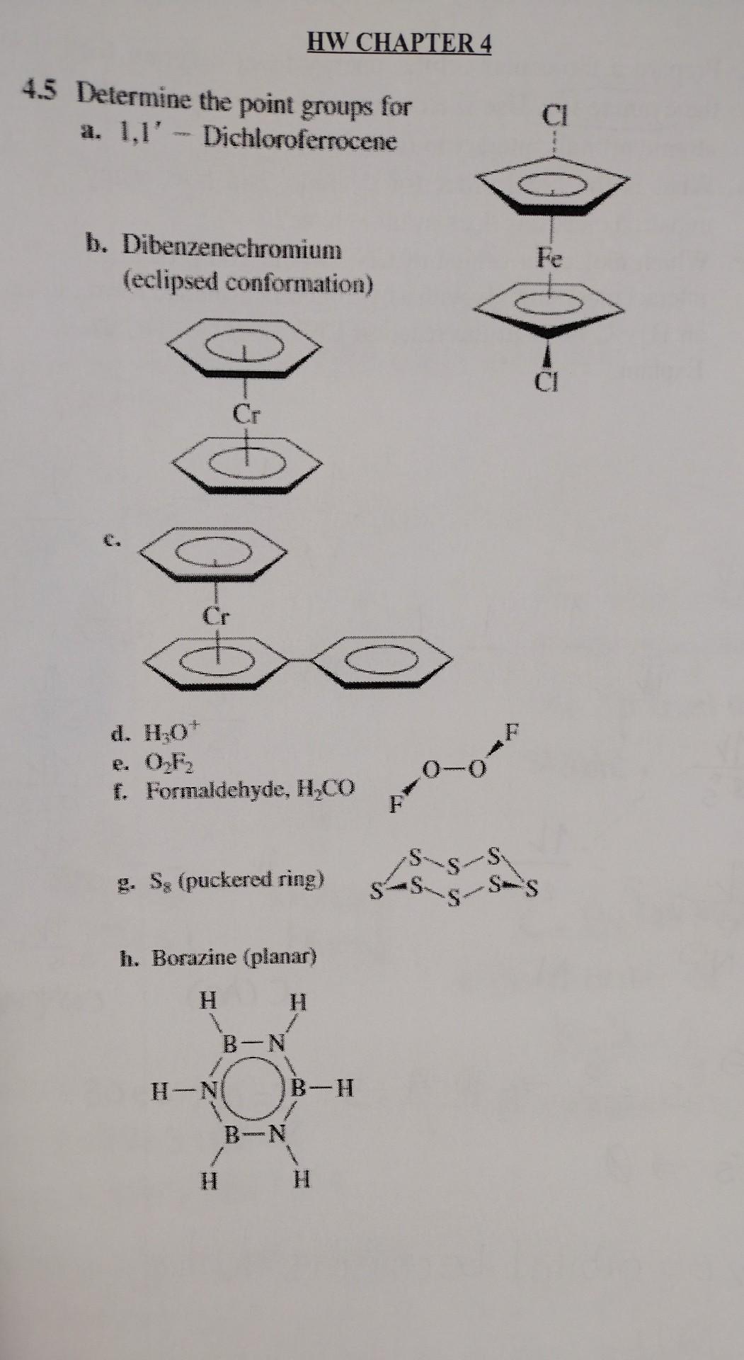 .5 Determine the point groups for a. 1,1' - Dichloroferrocene b.