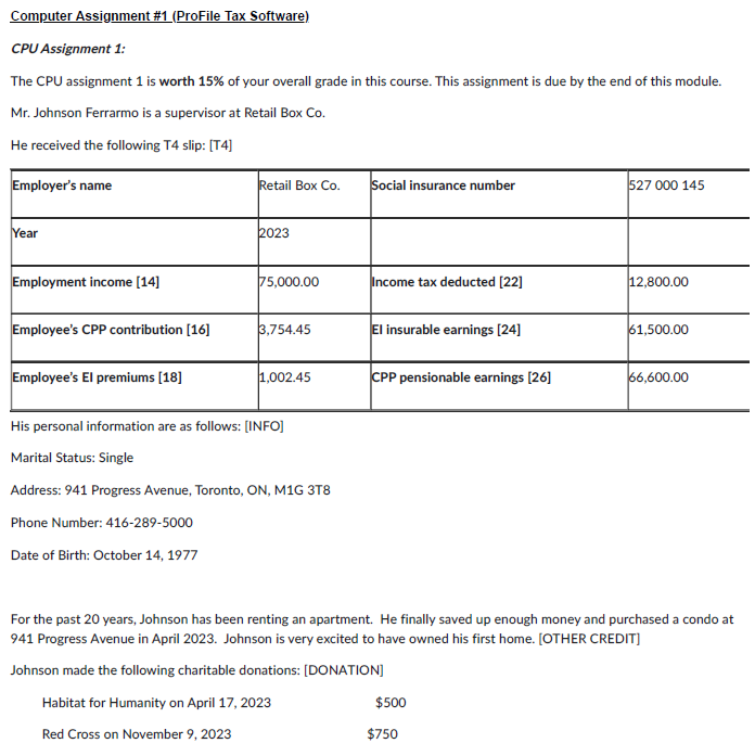 Computer Assignment \#1 (ProFile Tax Software). CPU Assignment 1: The CPU