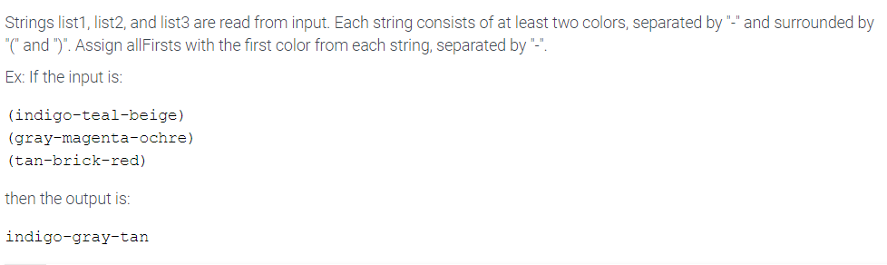  Strings list1, list2, and list3 are read from input. Each string