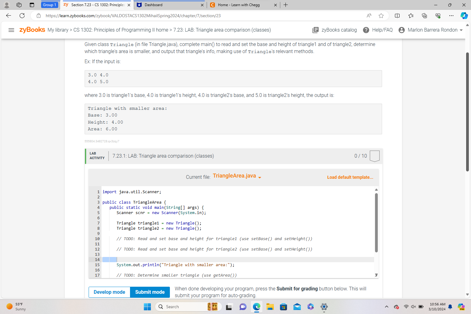  Given class Triangle (in file Triangle.java), complete main() to read and