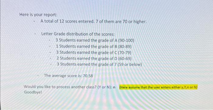 (scores obtained by students in a test) and prints a report showing