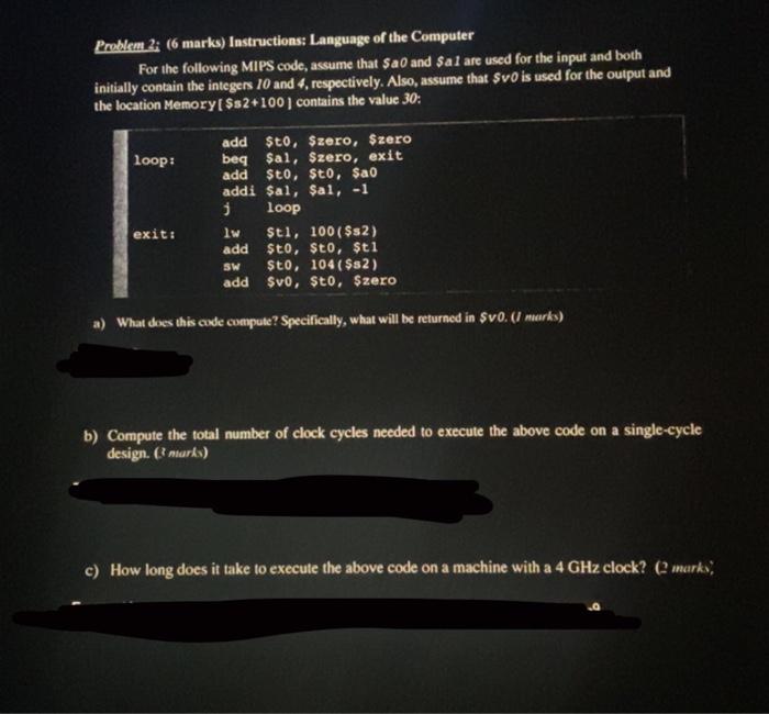 assembly language please part a,b,c Problem 2i (6 marks) Instructions: Language of
