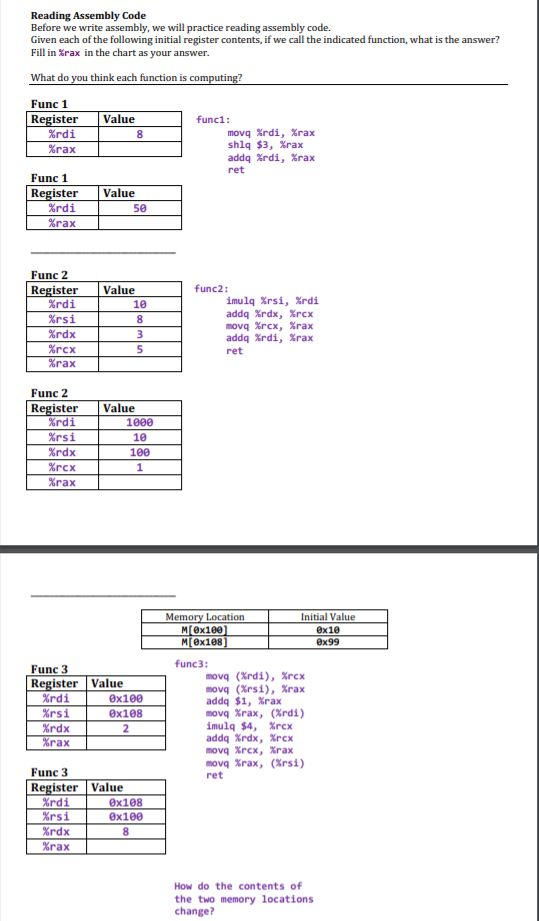  Reading Assembly Code Before we write assembly, we will practice reading