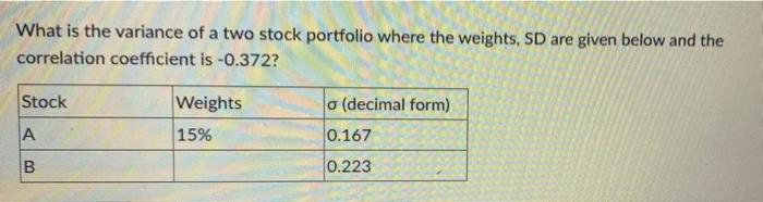 stock weights and returns? Stock Weights Returns |A 20.3% 26.3% B 6.4%