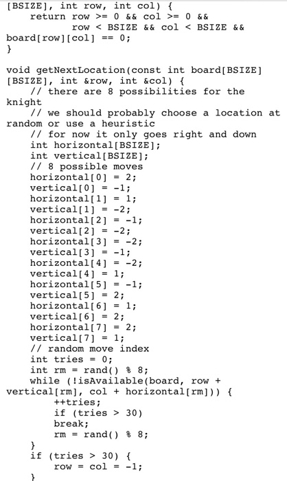 available, set row and col to -1 2. testAll - run knights