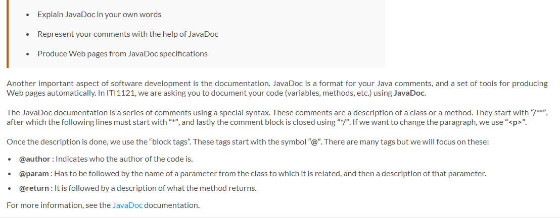 fix this in java plz Explain JavaDoc in your own words Represent