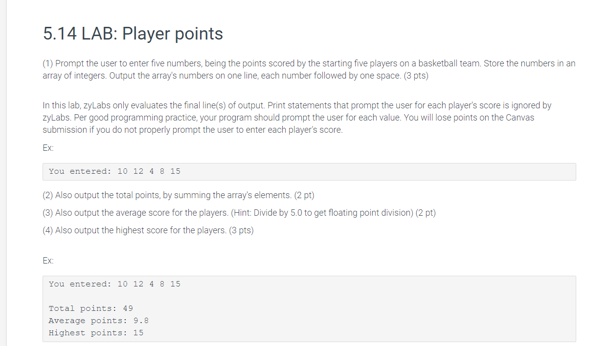  In Java Language! 5.14 LAB: Player points (1) Prompt the user