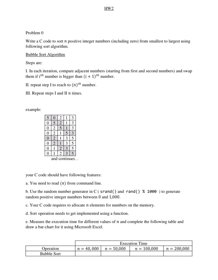  HW2 Problem0 Write a C code to sort n positive integer